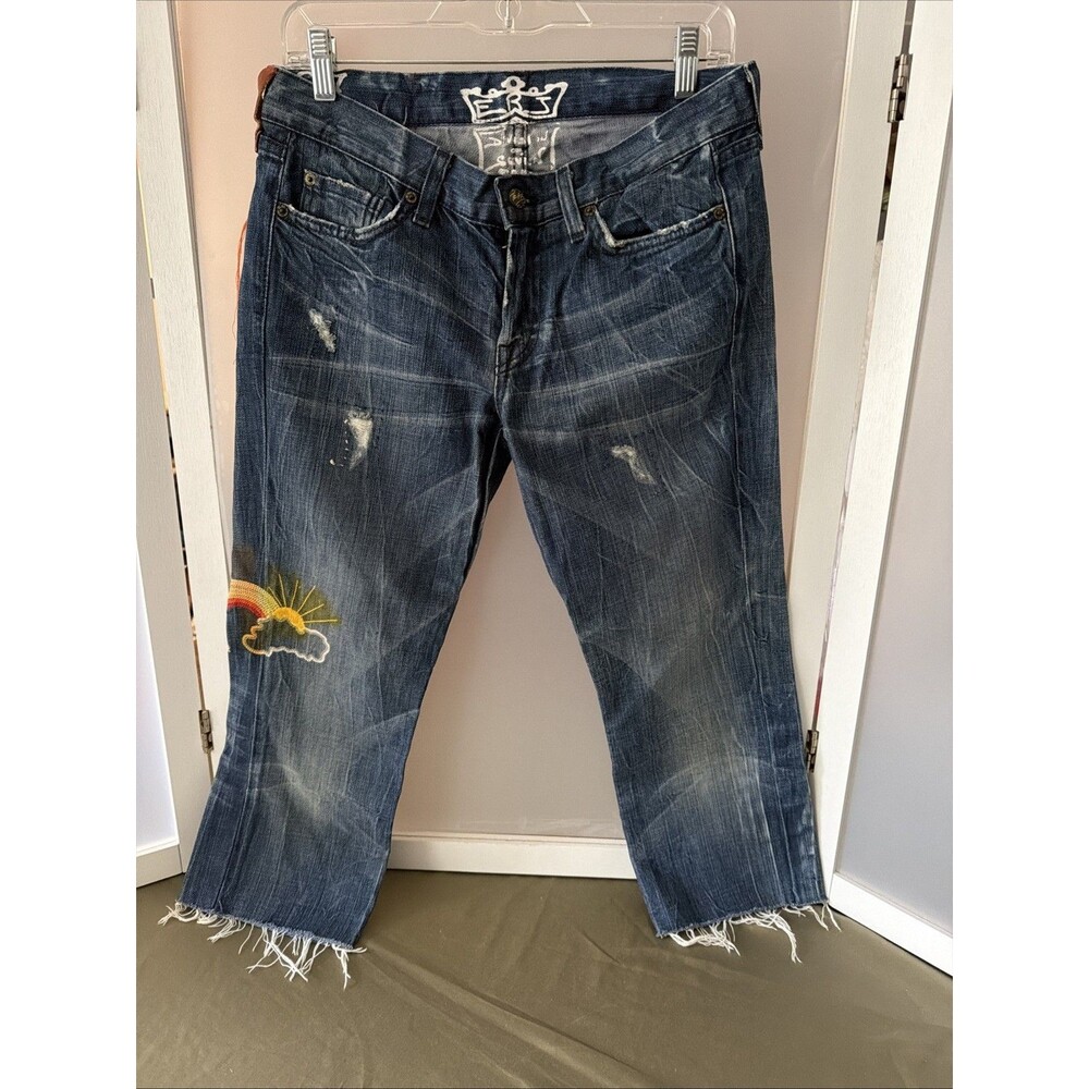 Emerald Rice Embroidered Crop Distressed Jeans 30”X22”